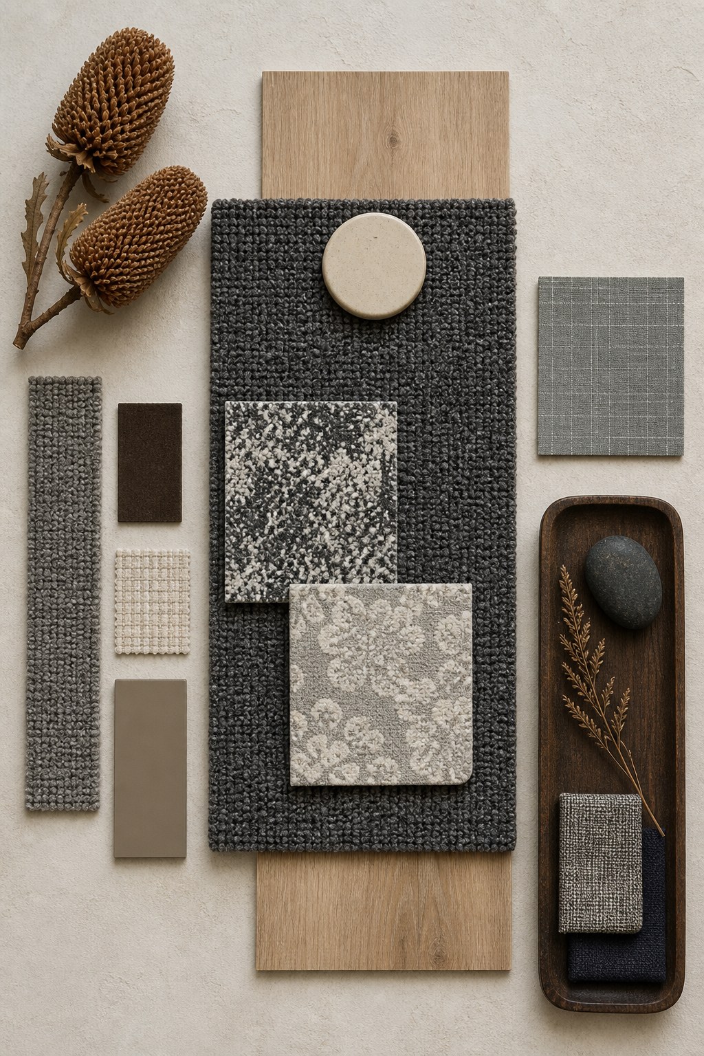 Second designer material board: charcoal loop carpet, mottled grey tile, light timber vinyl plank, banksia pods and fabric chips.