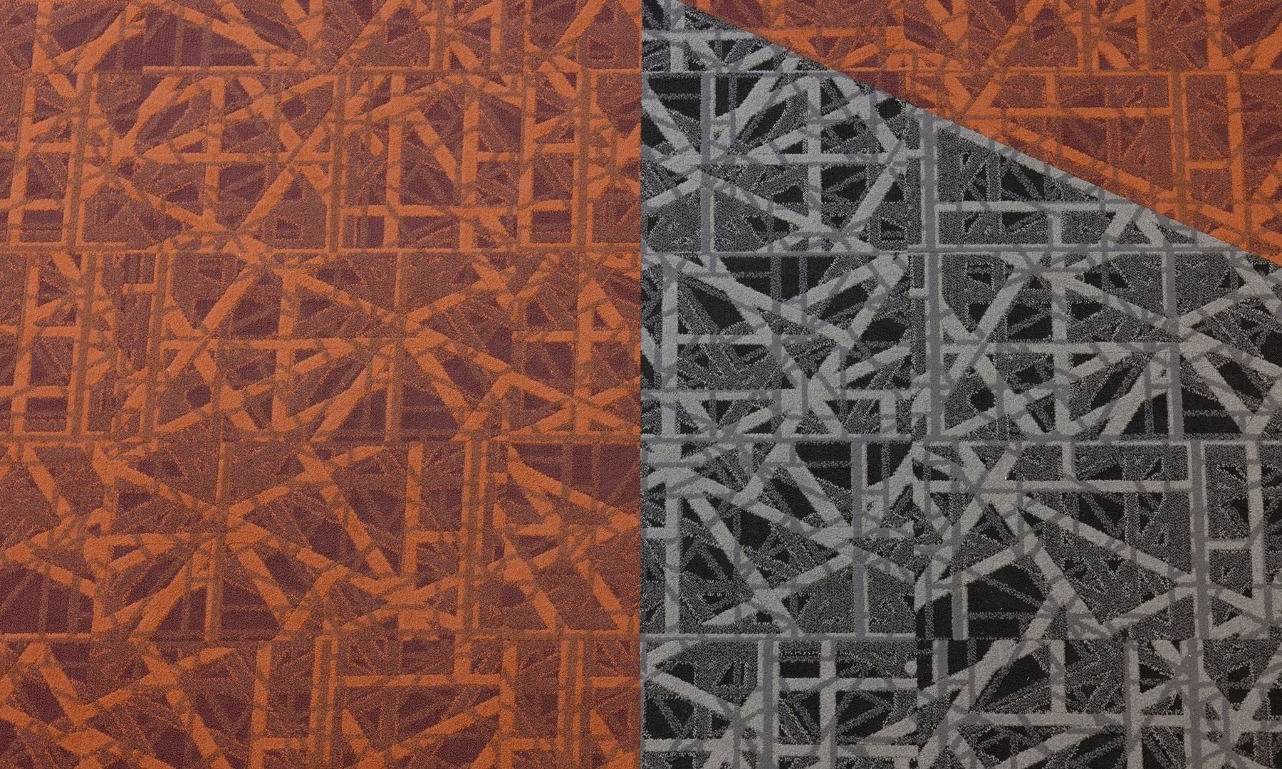 Interface carpet tile swatch in terracotta and charcoal.