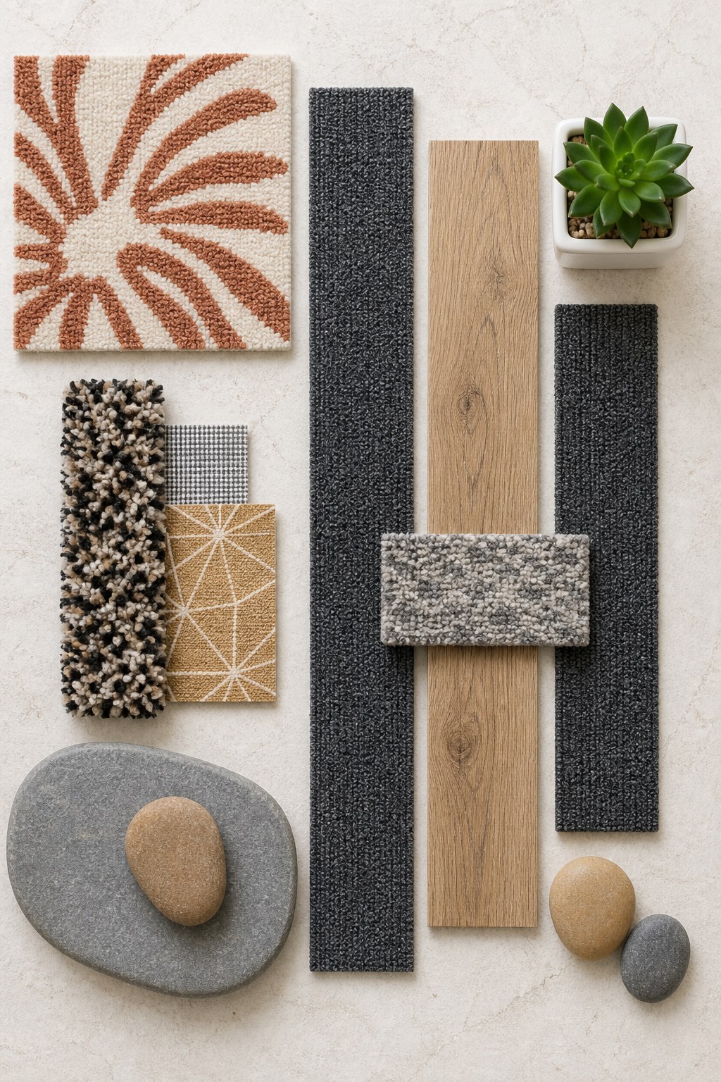 Top-down designer material board: charcoal carpet planks, terracotta patterned tile, oak vinyl plank, grey stone, succulent and river stones on a cream plaster ground.